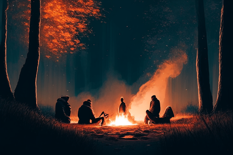 A group of people sitting around a campfire in the woods. The fire is blazing and the stars are shining brightly in the sky.