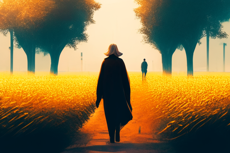A woman walking through a field of sunflowers. The sun is shining brightly and the flowers are in full bloom.