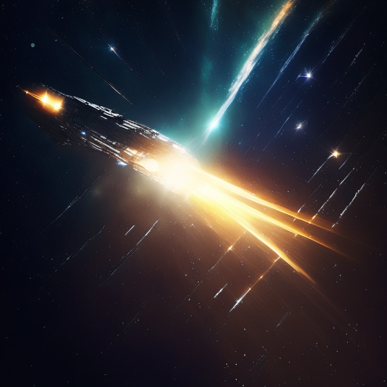 A spaceship flying through the stars, leaving a trail of light behind it.
