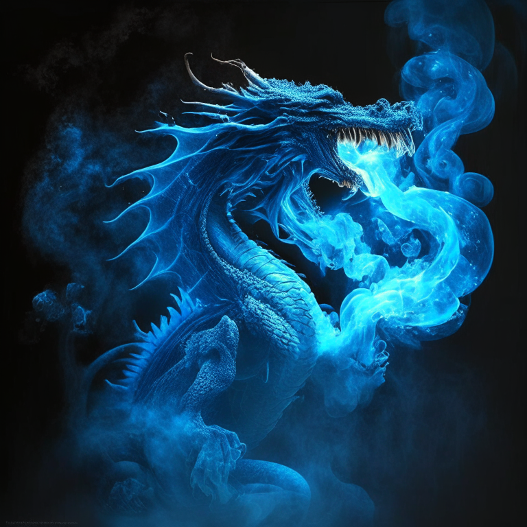 A dancing dragon breathing blue fire