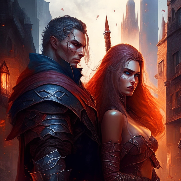 Create an image of a man and a woman where the man is a warrior and the woman is a sorceress, and they are lovers in an RPG city.