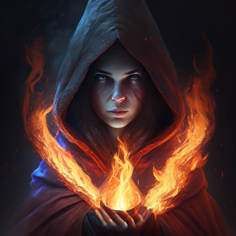 make a woman with a hood and this woman is a sorceress, and in your hands have a Fire magic.
