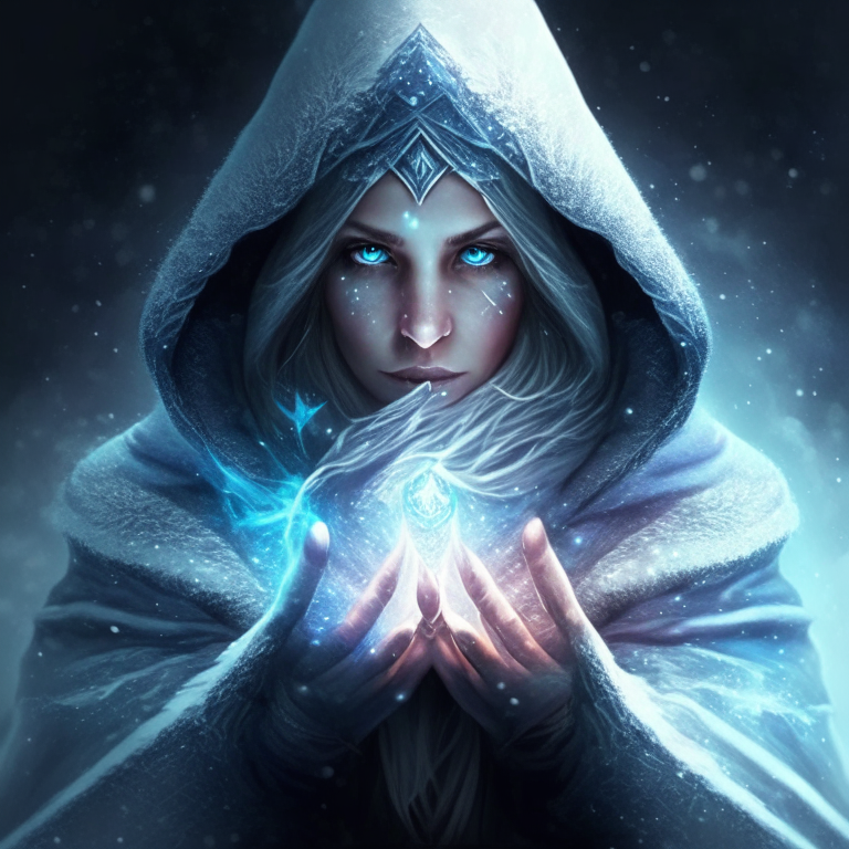create a woman with a hood beacuse she is  a sorceress and your hand have a Ice magic