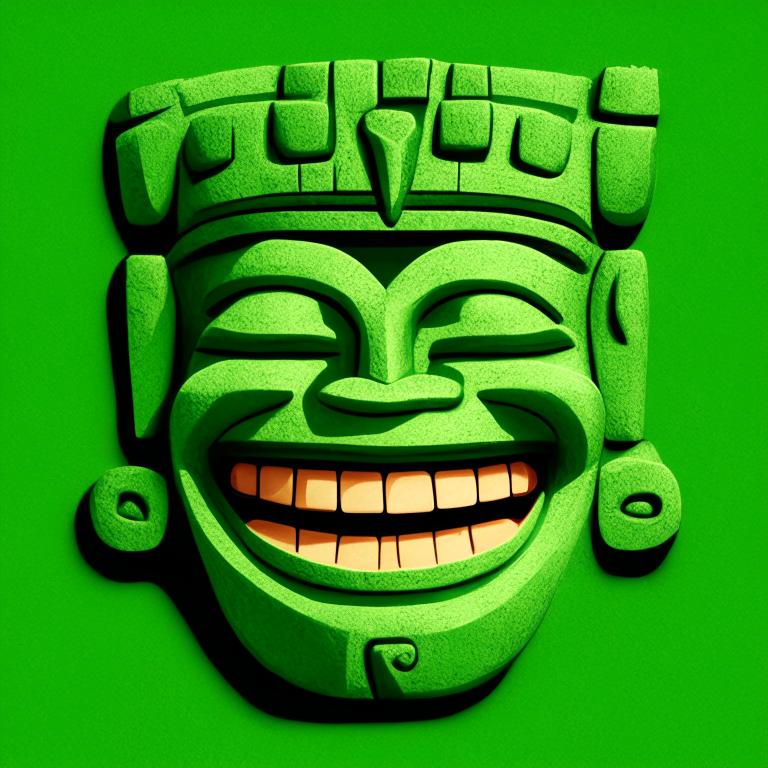 Olmec head smiles and winks on a green background