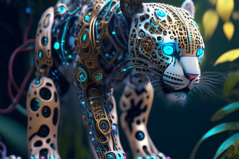 a beautiful porcelain jaguar robot animal with robotic parts, in a beautiful studio soft light with rim light, vibrant details, and a jungle background. Psychedelic luxurious cyberpunk elements, lace, hyperrealistic details, electric wires, futuristic biomechanics, cybernetic elements, transformers, microchips, and elegant touches are added. Octane render, 8k