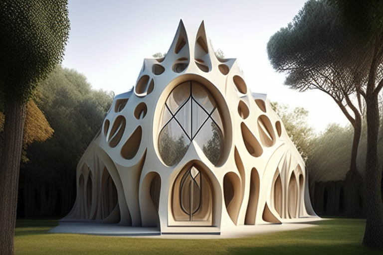 Diseño arquitectónico moderno de una casa de campo creado a partir de Geometría sagrada, serie de fibonacci