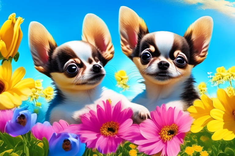 Chihuahua puppies giving flowers to their mother, in a garden full of colorful flowers, with a blue sky in the background