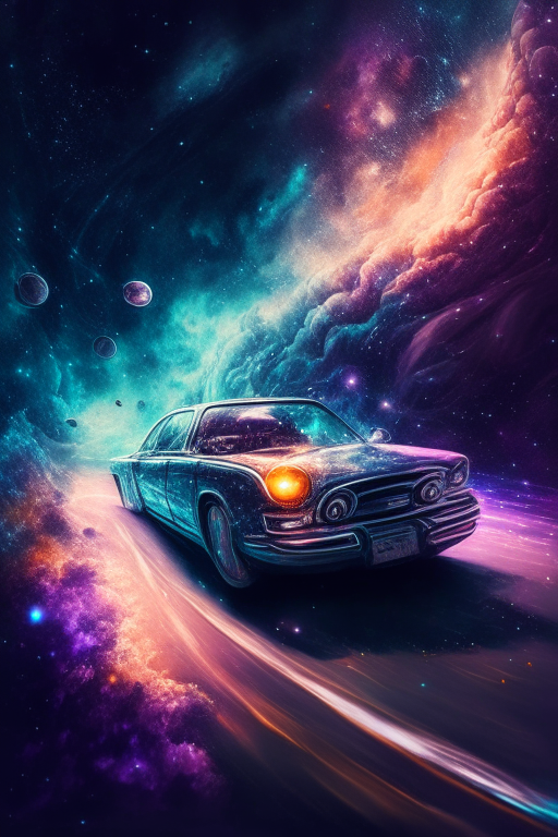 Driving car in galaxy , ultra realistic