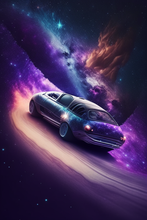 Driving car in galaxy , ultra realistic