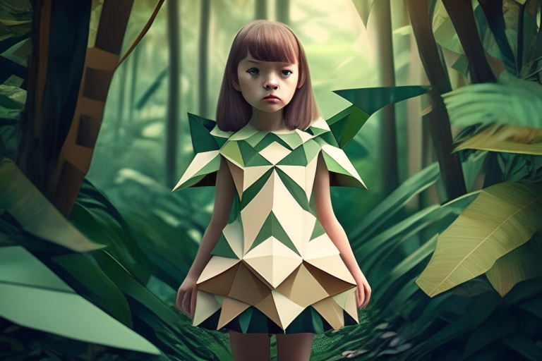 a cute girl wearing an origami dress in the jungle
