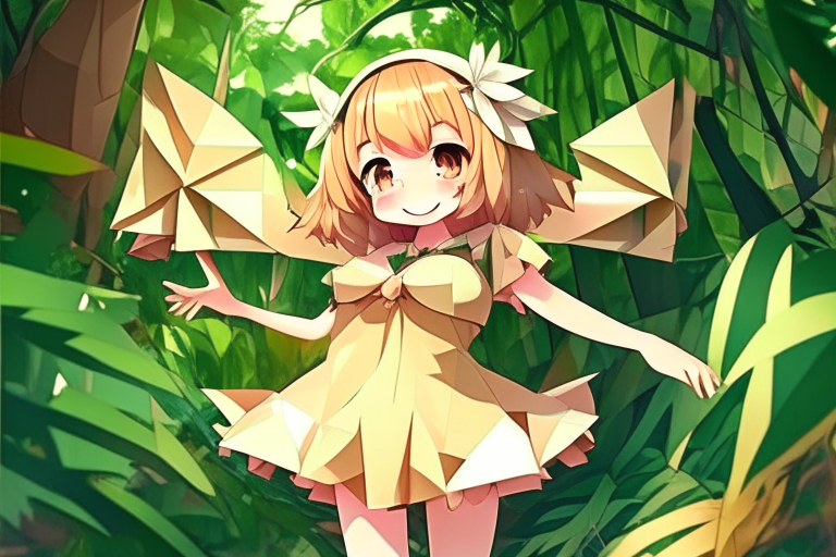 a kawaii happy anime girl wearing an origami dress in the jungle