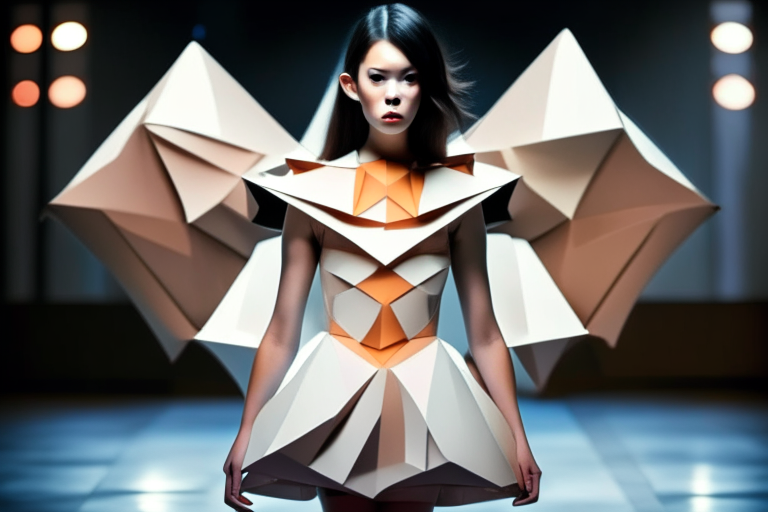 a beautiful girl wearing an origami dress on a fashion stage