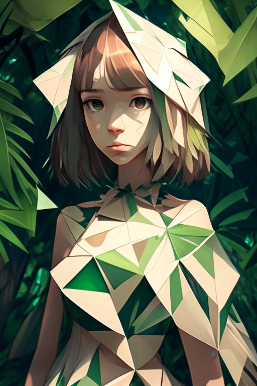 an anime-style portrait of a girl wearing an origami dress in the jungle with a different face