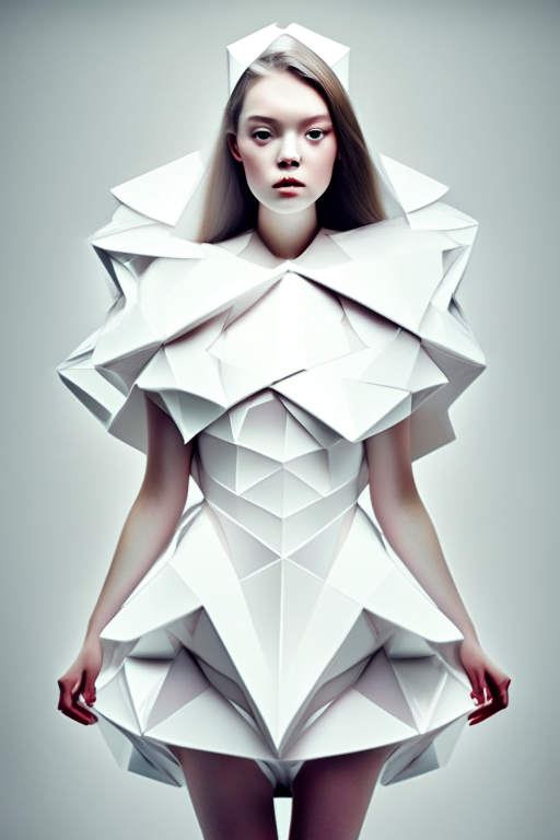 a beautiful girl wearing a white shiny origami dress