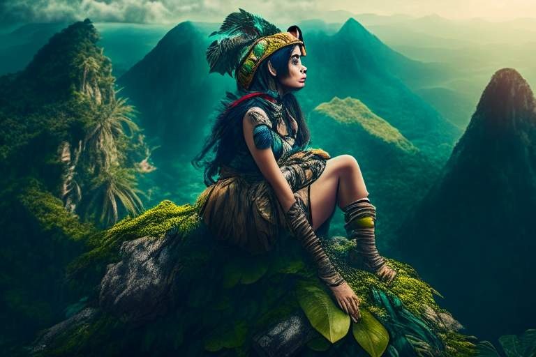 a woman in a wonder costume sitting on top of a mountain with a jungle background