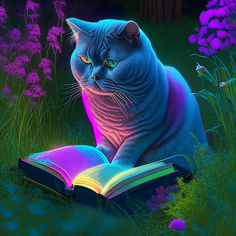 A beautiful gorgeus beautiful British Shorthair reasing a book in the garden with neon colours 