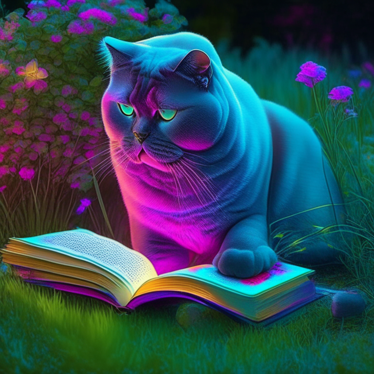 A beautiful gorgeus beautiful British Shorthair reasing a book in the garden with neon colours 