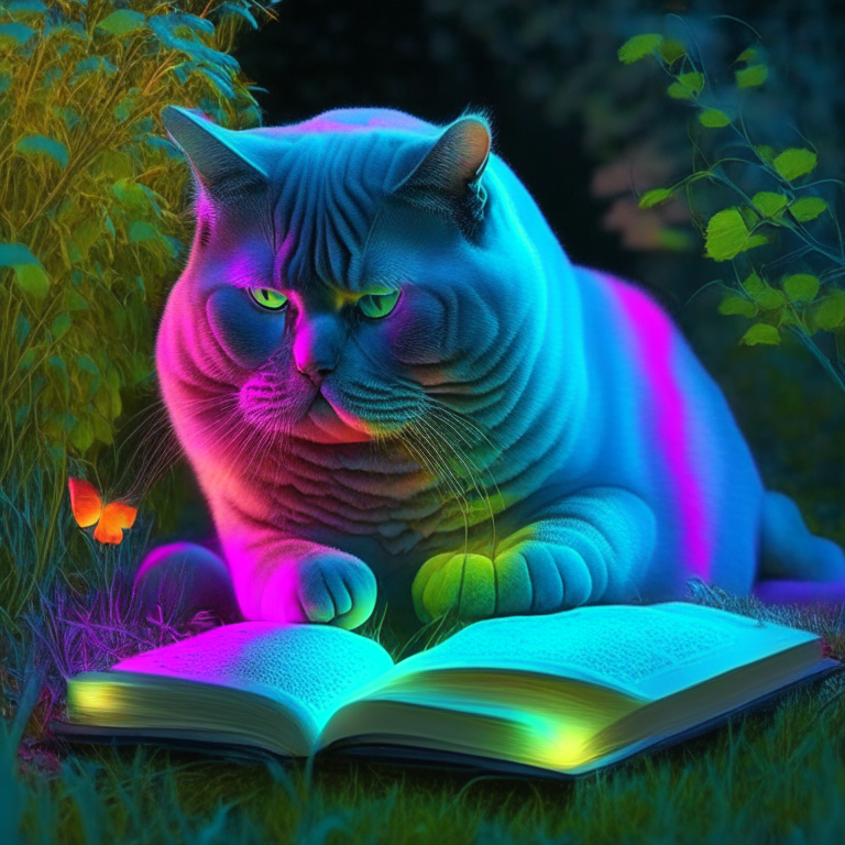 A beautiful gorgeus beautiful British Shorthair reasing a book in the garden with neon colours, perfect hd