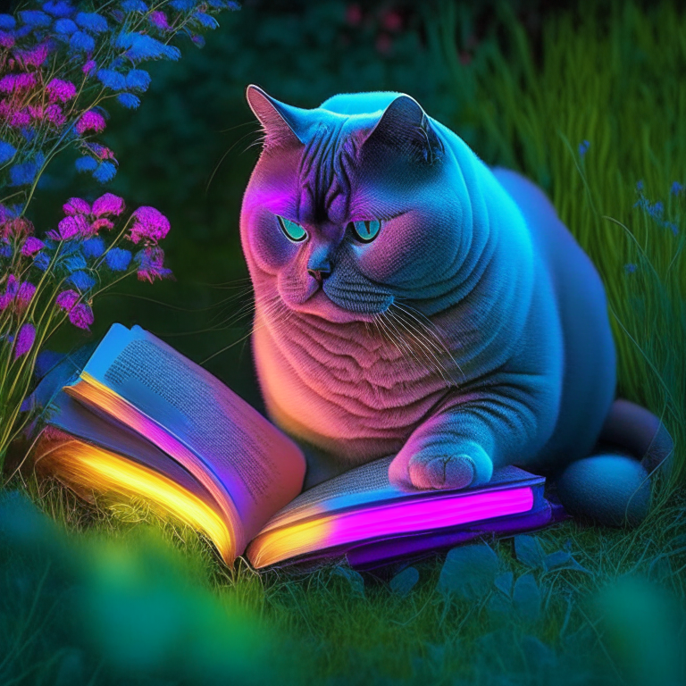 A beautiful gorgeus beautiful British Shorthair reasing a book in the garden with neon colours, perfect hd