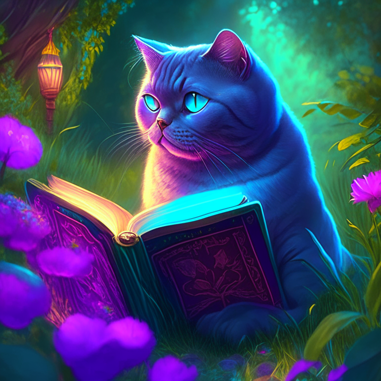 A beautiful gorgeus beautiful British Shorthair reasing a book in the garden with neon colours, perfect hd