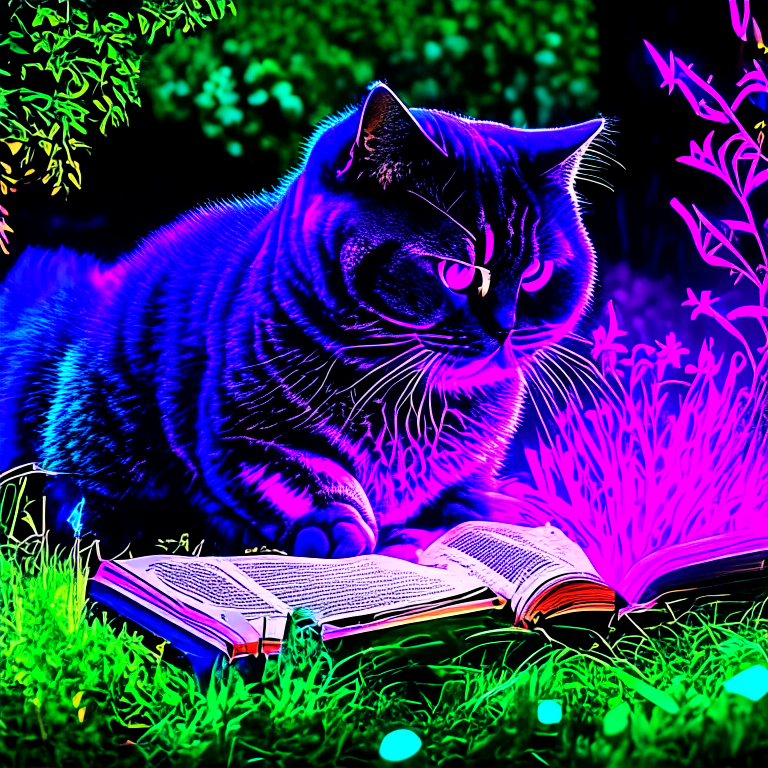 A beautiful gorgeus beautiful British Shorthair reasing a book in the garden with neon colours, perfect hd