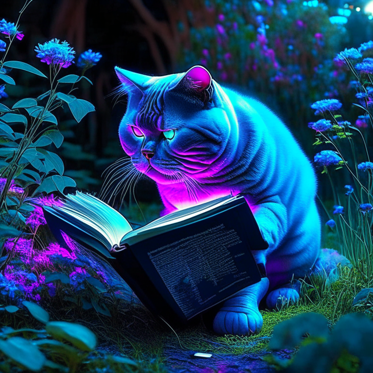 A beautiful gorgeus beautiful British Shorthair reasing a book in the garden with neon colours, perfect hd, amazing 