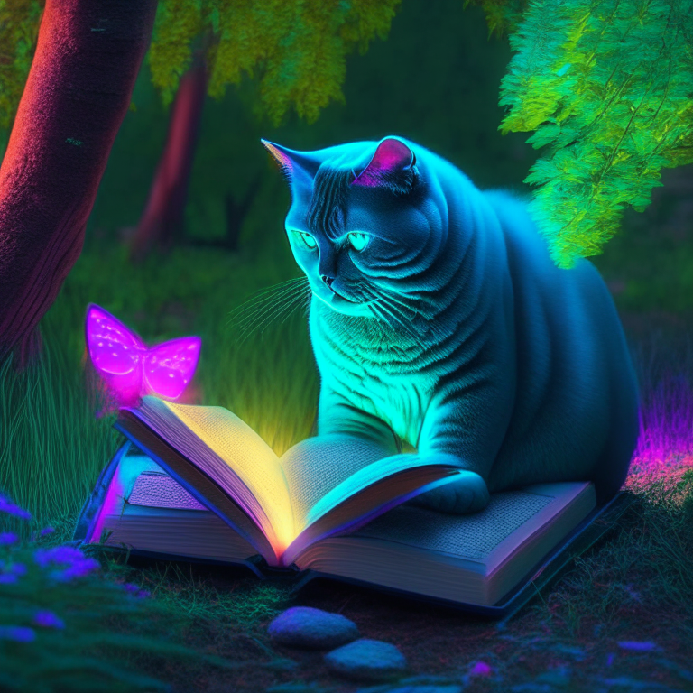 A beautiful gorgeus beautiful British Shorthair reasing a book in the garden with neon colours, perfect hd, amazing 