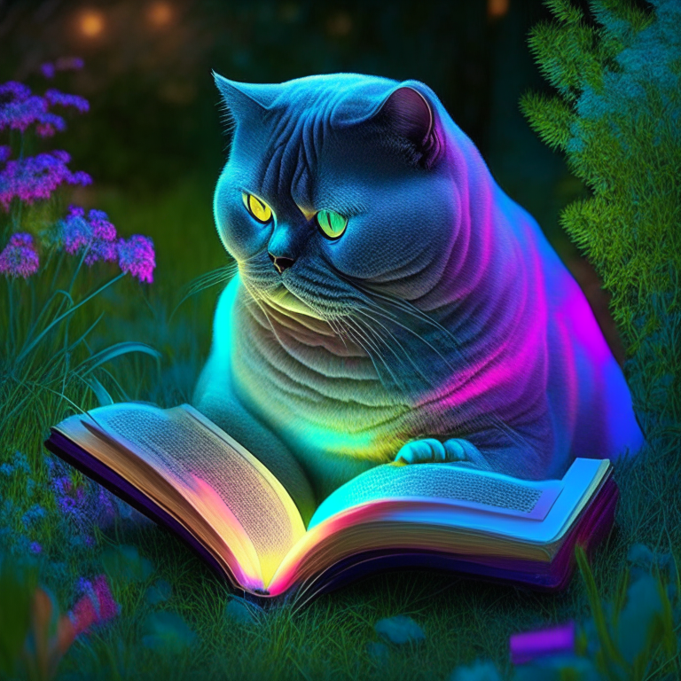 A beautiful gorgeus beautiful British Shorthair reasing a book in the garden with neon colours, perfect hd, amazing, beautiful eyes