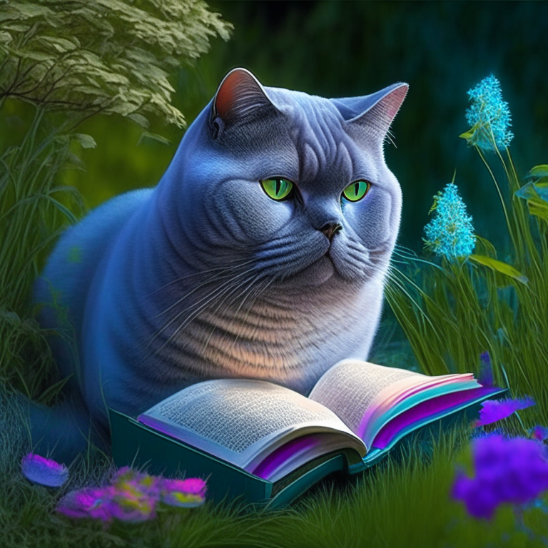 A beautiful gorgeus beautiful British Shorthair reasing a book in the garden with neon colours, perfect hd, amazing, perfect eyes , silver shaded tabby , white cheeks