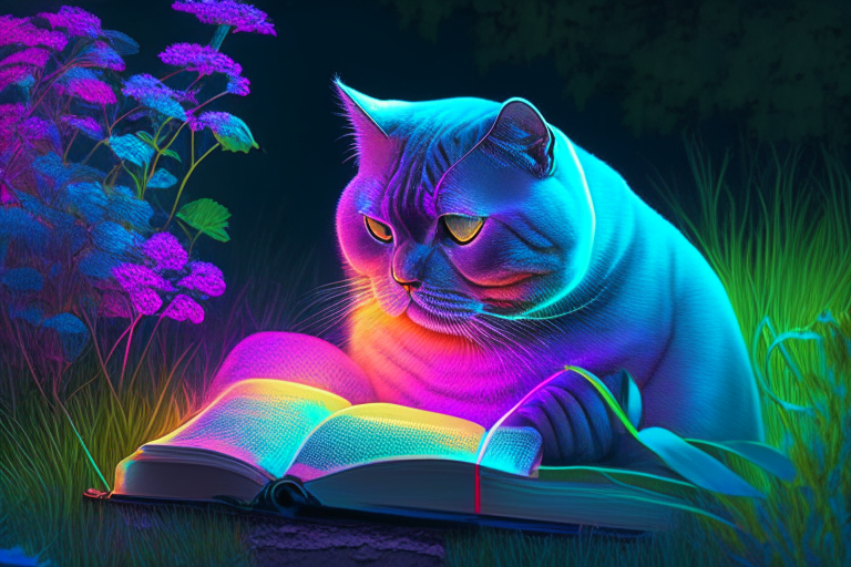 A beautiful British Shorthair reading a book in the garden with neon colors