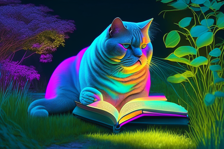 A British Shorthair reading a book in the garden with neon colors