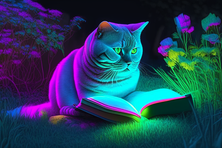 A British Shorthair reading a book in the garden with neon colours