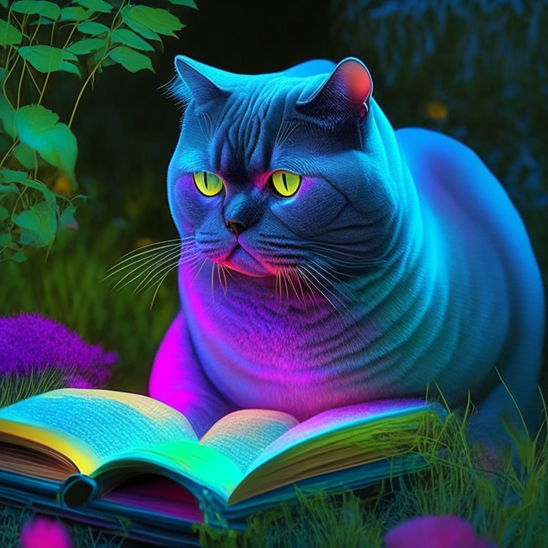 A beautiful gorgeus beautiful British Shorthair reading a book in the garden with neon colours, perfect hd, amazing, perfect eyes