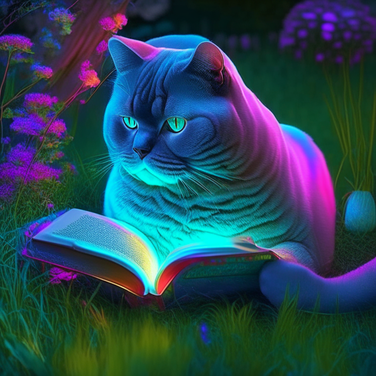 A beautiful gorgeus beautiful British Shorthair reading a book in the garden with neon colours, perfect hd, amazing, perfect eyes, hd hd hd 