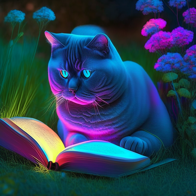 A beautiful gorgeus beautiful British Shorthair reading a book in the garden with neon colours, perfect hd, amazing, perfect eyes, hd hd hd 