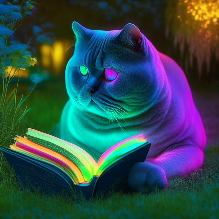 A beautiful gorgeus beautiful British Shorthair reading a book in the garden with neon colours, perfect hd, amazing, perfect eyes, hd hd hd 