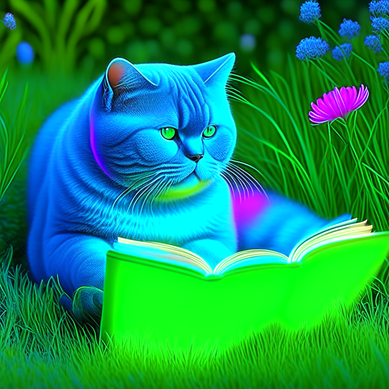 A beautiful gorgeus beautiful British Shorthair reading a book in the garden with neon colours, perfect hd, amazing, perfect eyes, hd hd hd 