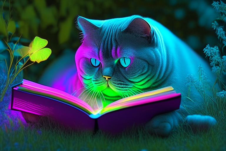 A beautiful British Shorthair reading a book in the garden with neon colors, perfect HD, amazing, perfect eyes HD HD HD