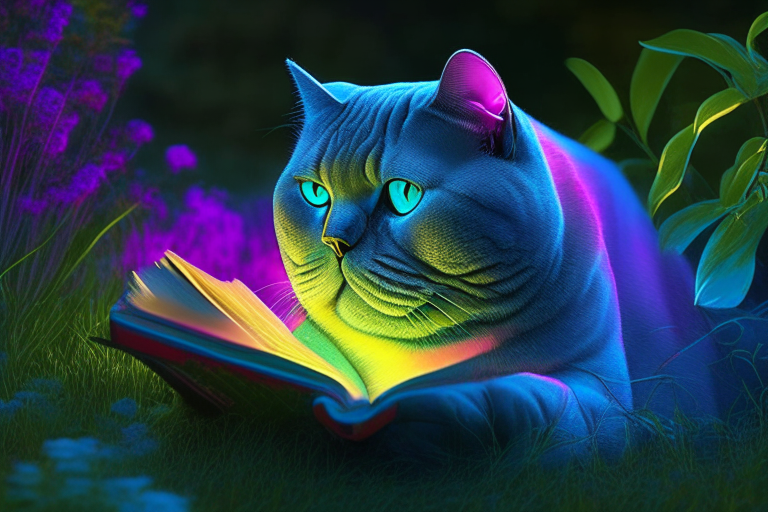 A British Shorthair reading a book in the garden with neon colors, perfect HD, amazing, perfect eyes