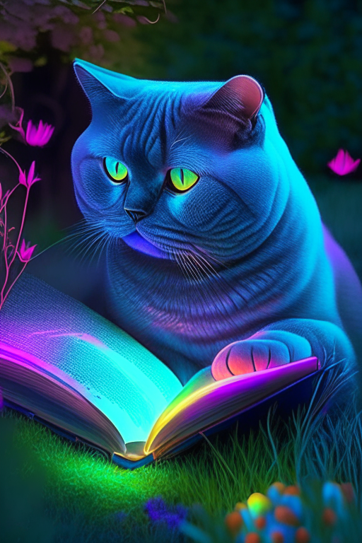 A beautiful gorgeus beautiful British Shorthair reading a book in the garden with neon colours, perfect hd, amazing, perfect eyes