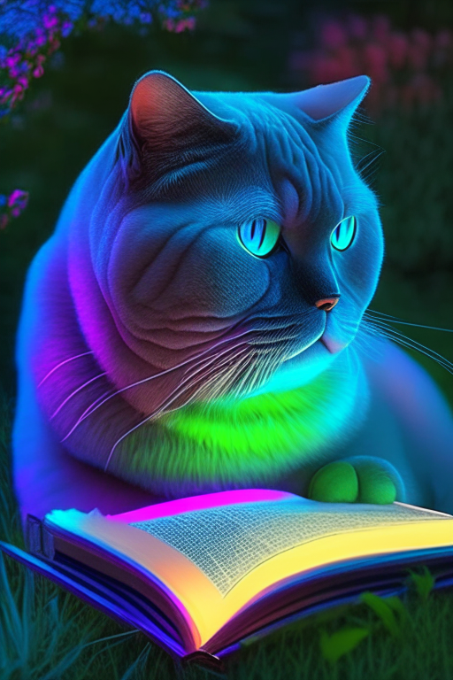 A beautiful gorgeus beautiful British Shorthair reading a book in the garden with neon colours, perfect hd, amazing, perfect eyes