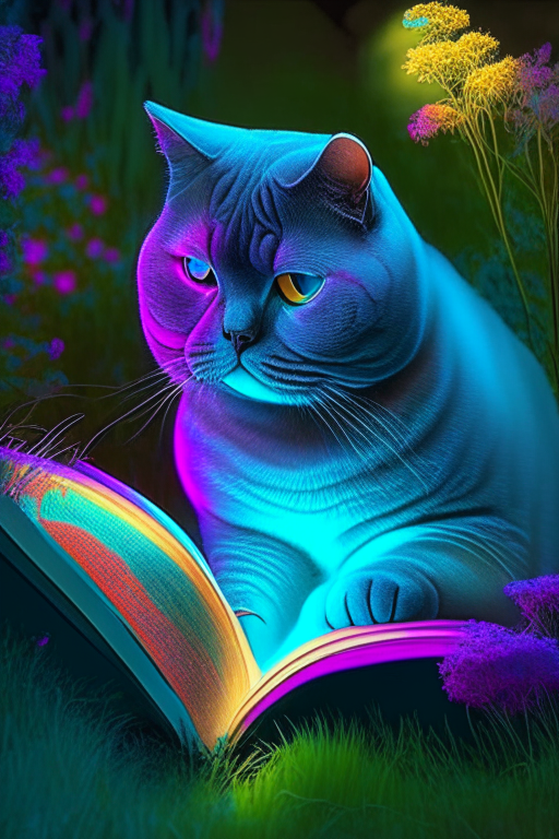 A beautiful gorgeus beautiful British Shorthair reading a book in the garden with neon colours, perfect hd, amazing, perfect eyes