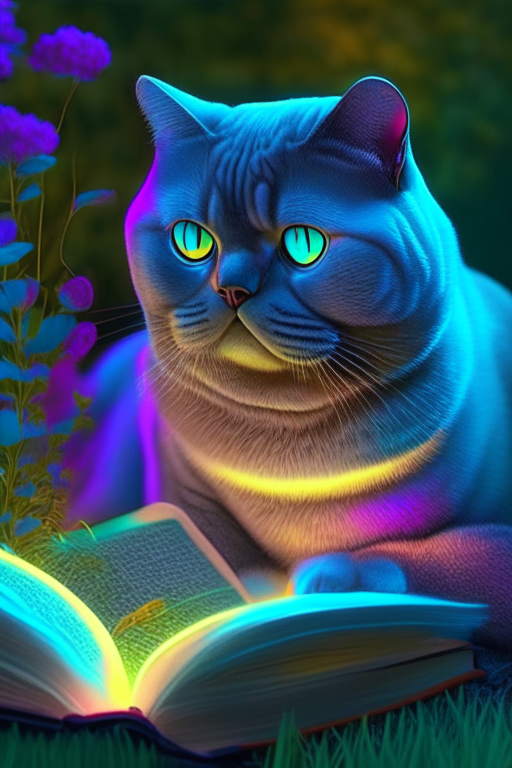 A beautiful gorgeus beautiful British Shorthair reading a book in the garden with neon colours, perfect hd, amazing, perfect eyes