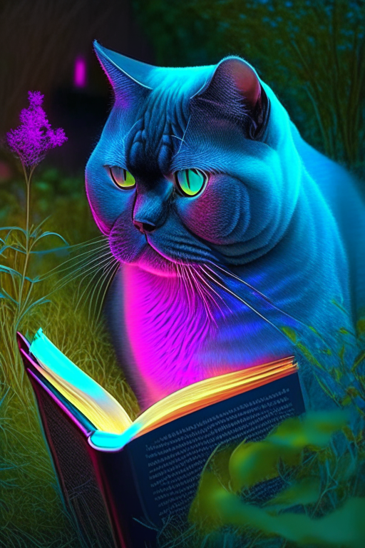 A beautiful gorgeus beautiful British Shorthair reading a book in the garden with neon colours, perfect hd, amazing, perfect eyes