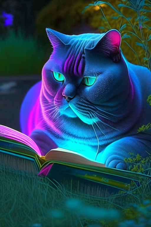 A beautiful gorgeus beautiful British Shorthair reading a book in the garden with neon colours, perfect hd, amazing, perfect eyes