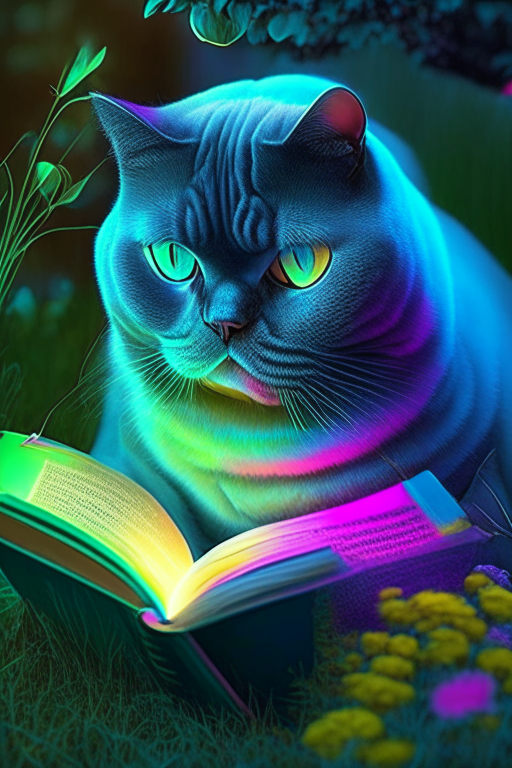 A beautiful gorgeus beautiful British Shorthair reading a book in the garden with neon colours, perfect hd, amazing, perfect eyes