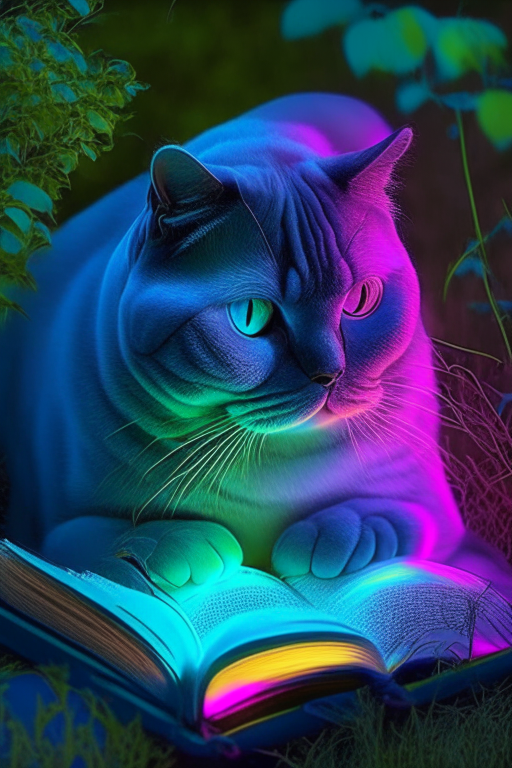 A beautiful gorgeus beautiful British Shorthair reading a book in the garden with neon colours, perfect hd, amazing, perfect eyes