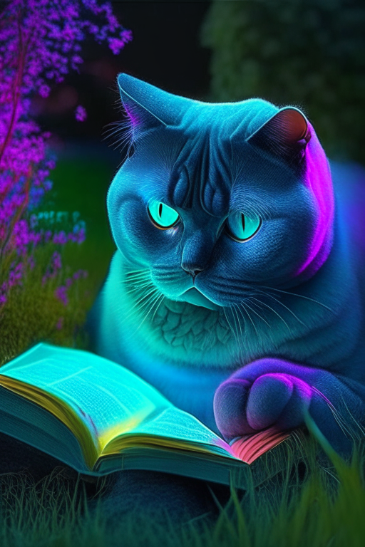 A beautiful gorgeus beautiful British Shorthair reading a book in the garden with neon colours, perfect hd, amazing, perfect eyes