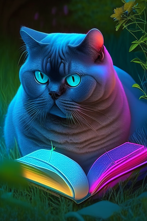 A beautiful gorgeus beautiful British Shorthair reading a book in the garden with neon colours, perfect hd, amazing, perfect eyes