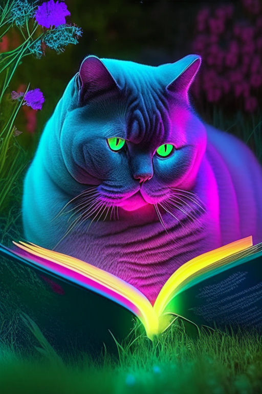 A beautiful gorgeus beautiful British Shorthair reading a book in the garden with neon colours, perfect hd, amazing, perfect eyes